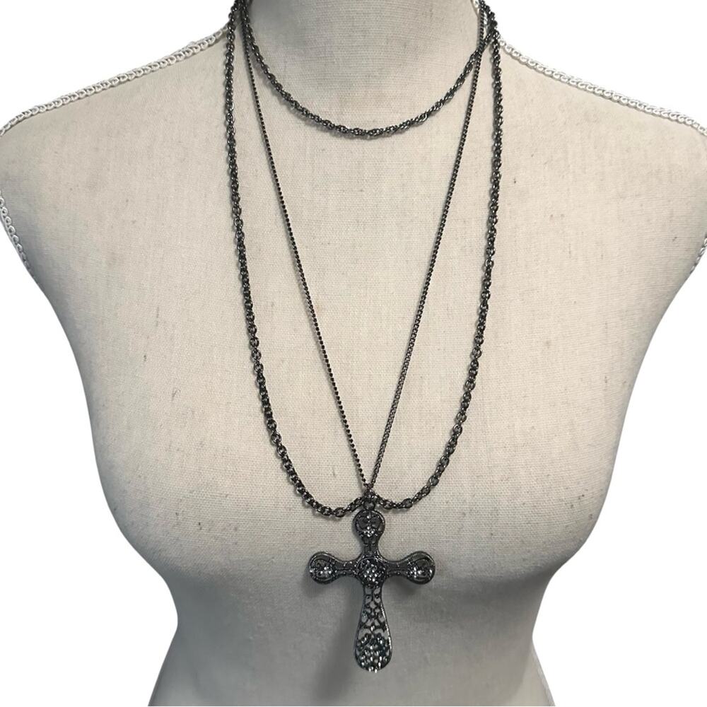 Cross Crucifix Multi-chain Pendant Silver Tone Rhinestone Long Necklace